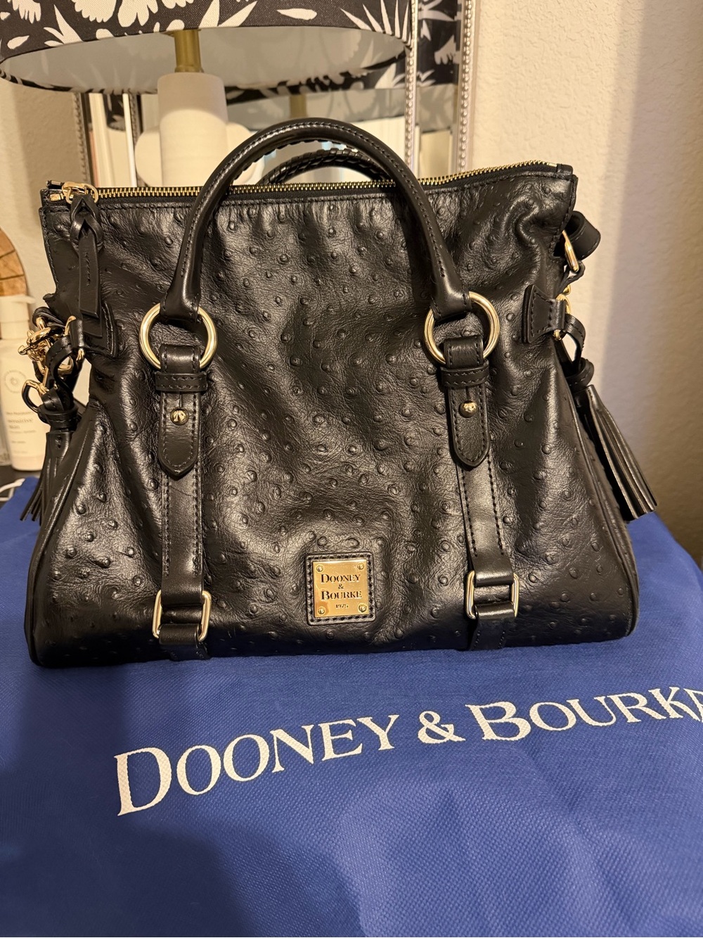 Dooney & Bourke Black Ostrich Florentine Satchel w/ Red Interior